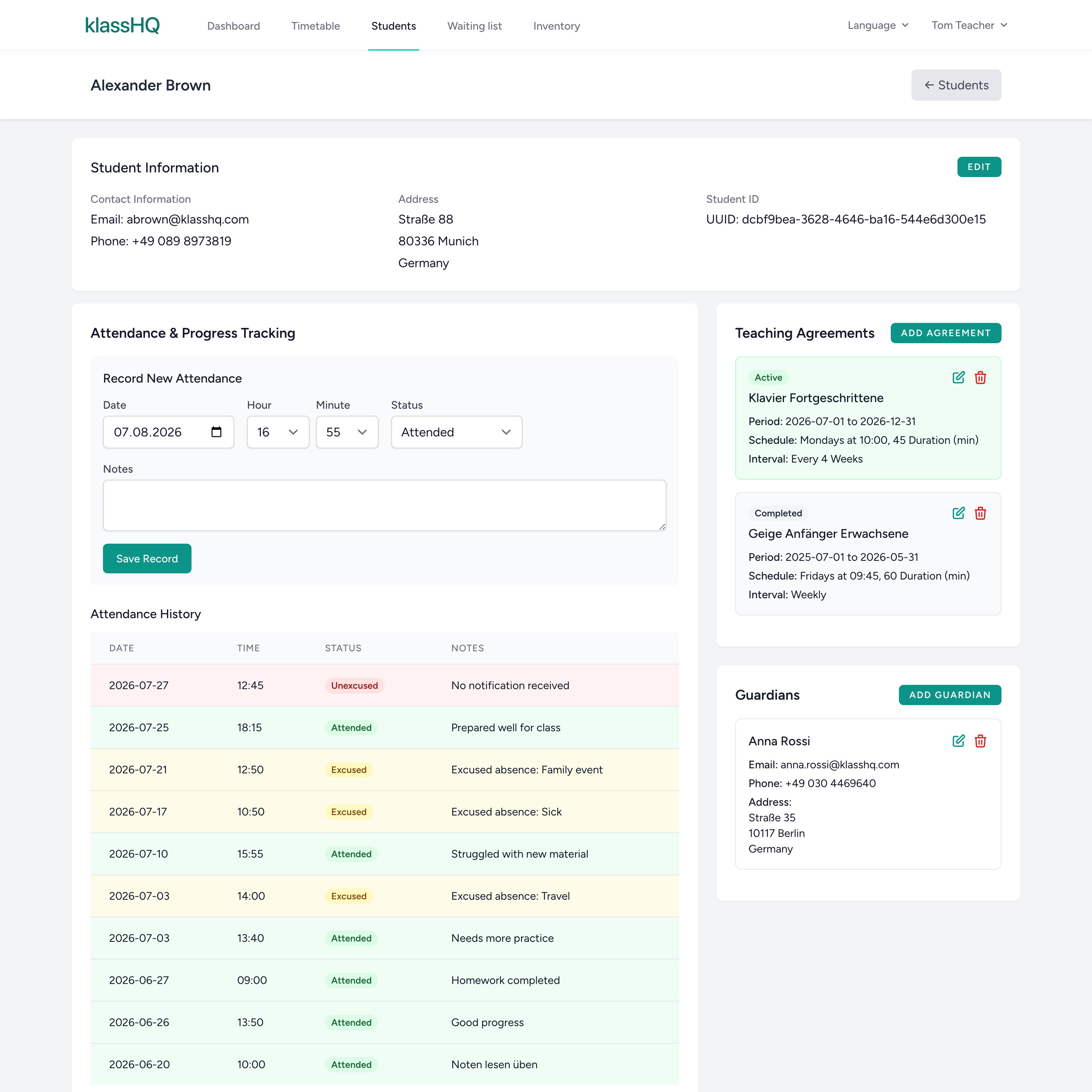 klassHQ student page with attendance, progress and teaching agreements